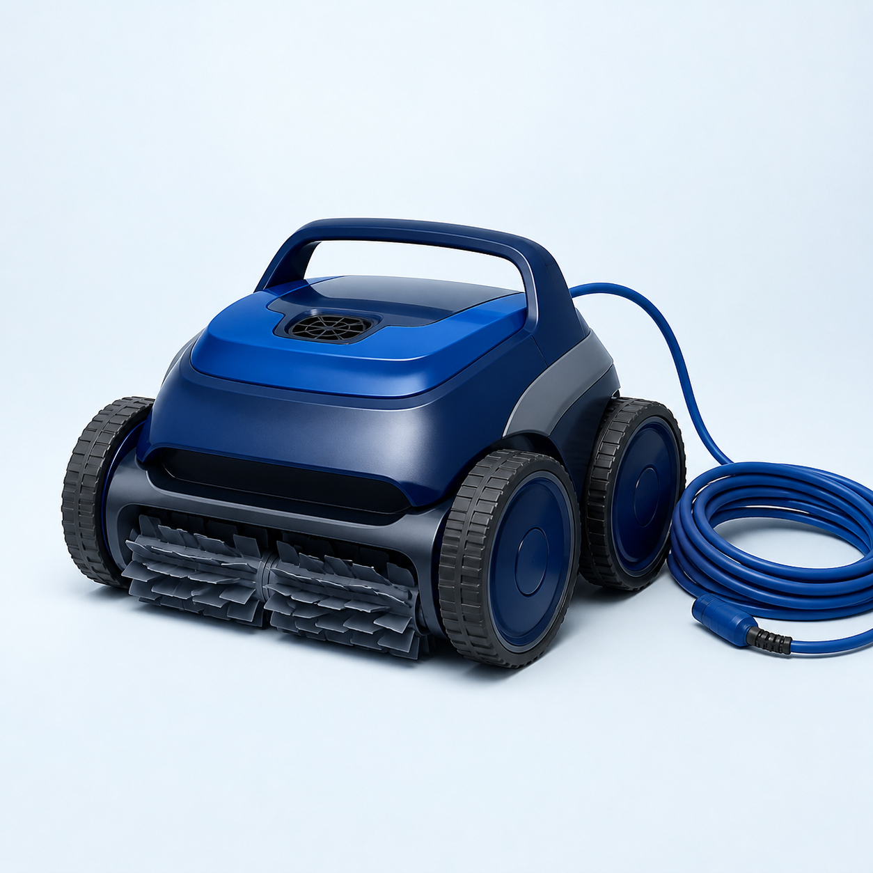 Robotic swimming pool cleaner beside a clear pool