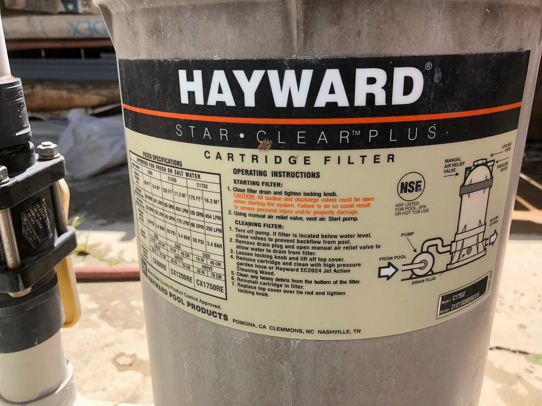 Pool cartridge filter model label photographed for equipment identification