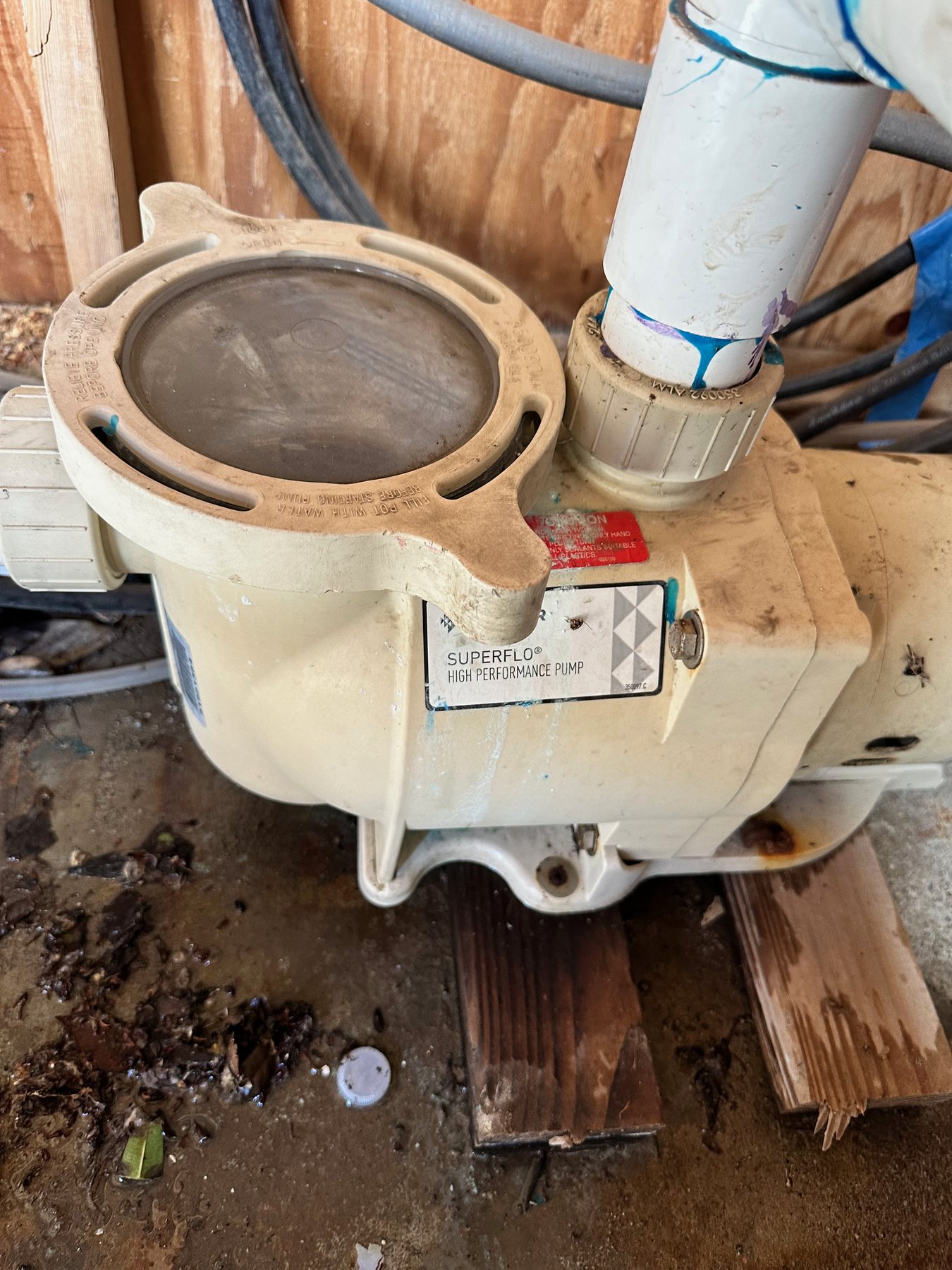 Original pool pump lid and PVC union at the equipment pad