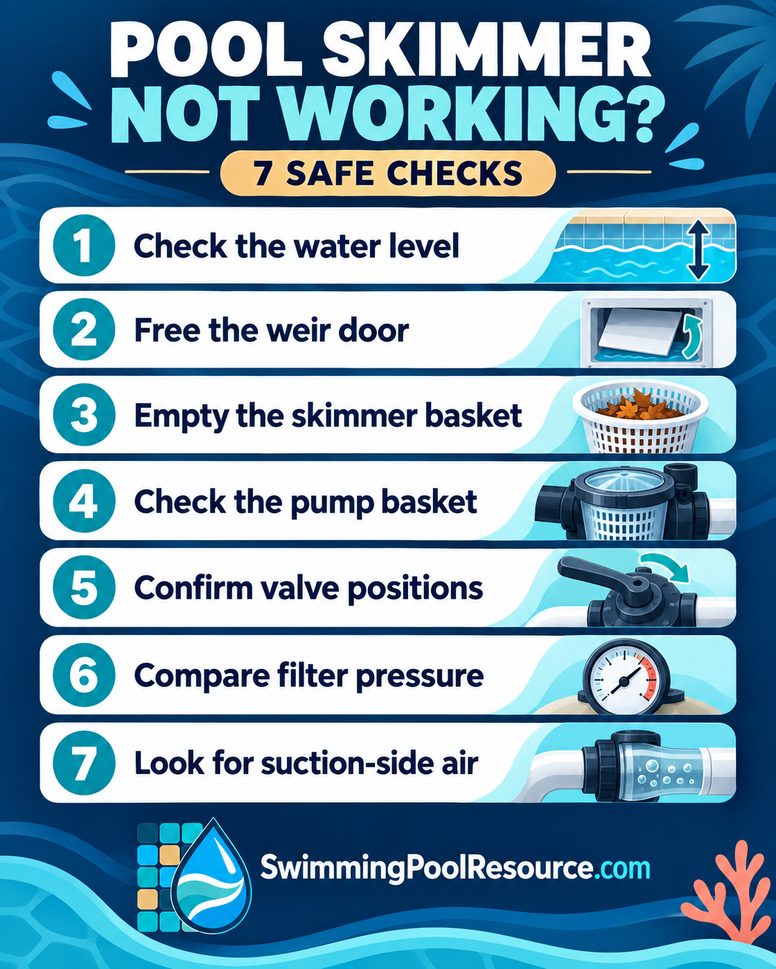 Pool skimmer not working checklist with seven safe troubleshooting checks
