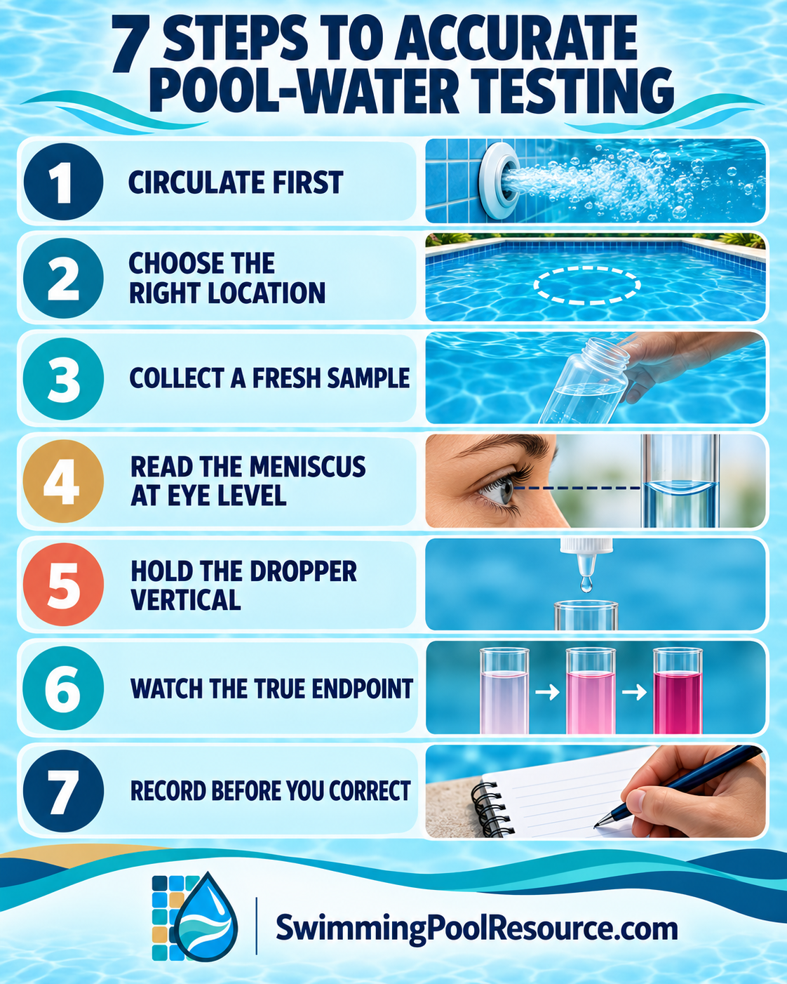 Seven steps showing how to test pool water accurately