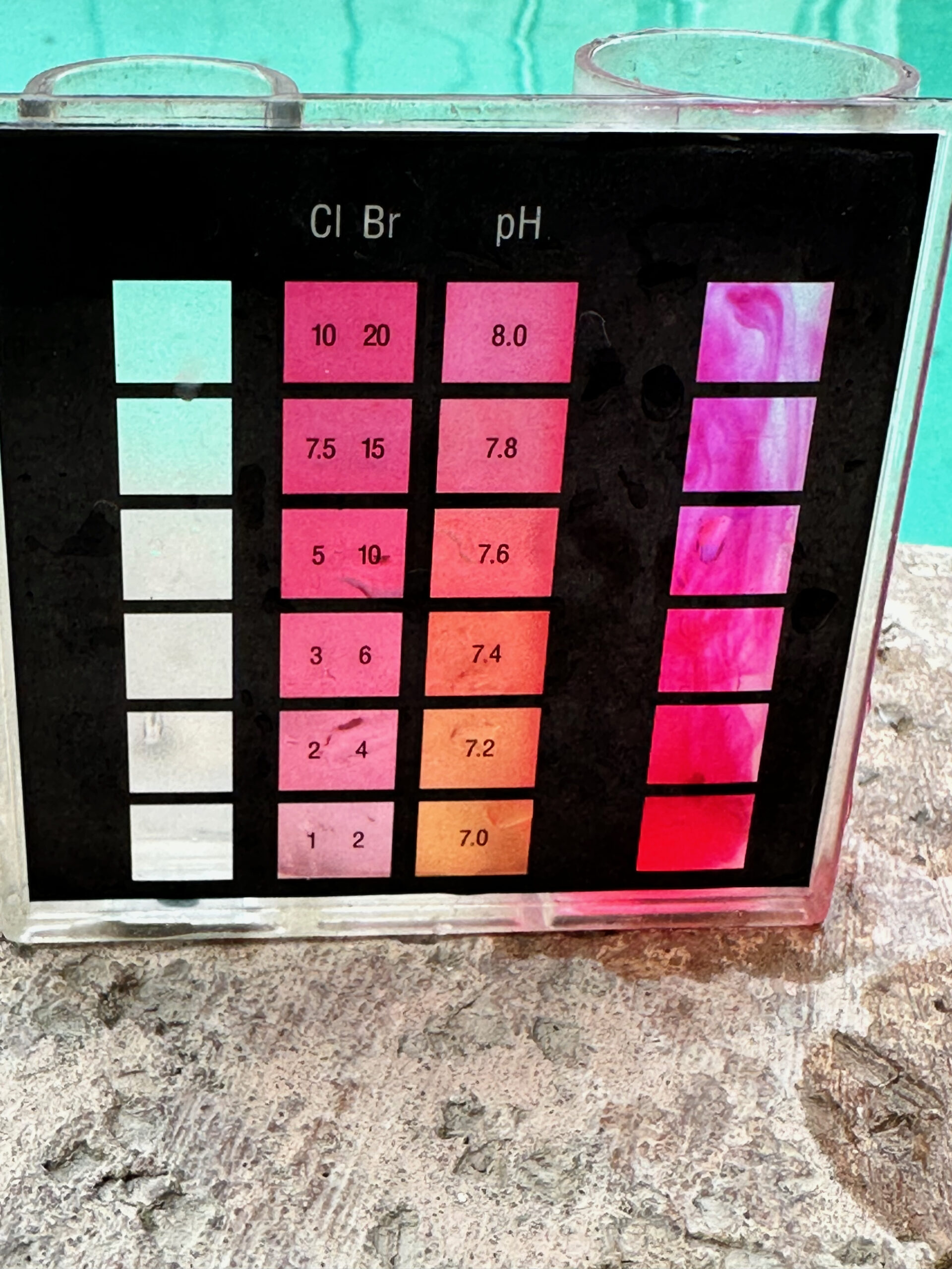 Chlorine and pH pool-water comparator beside a swimming pool