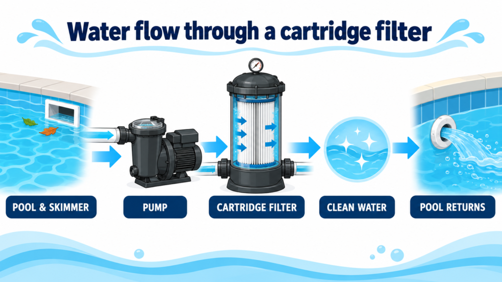 Diagram showing pool water flow from skimmer through pump and cartridge filter to pool returns