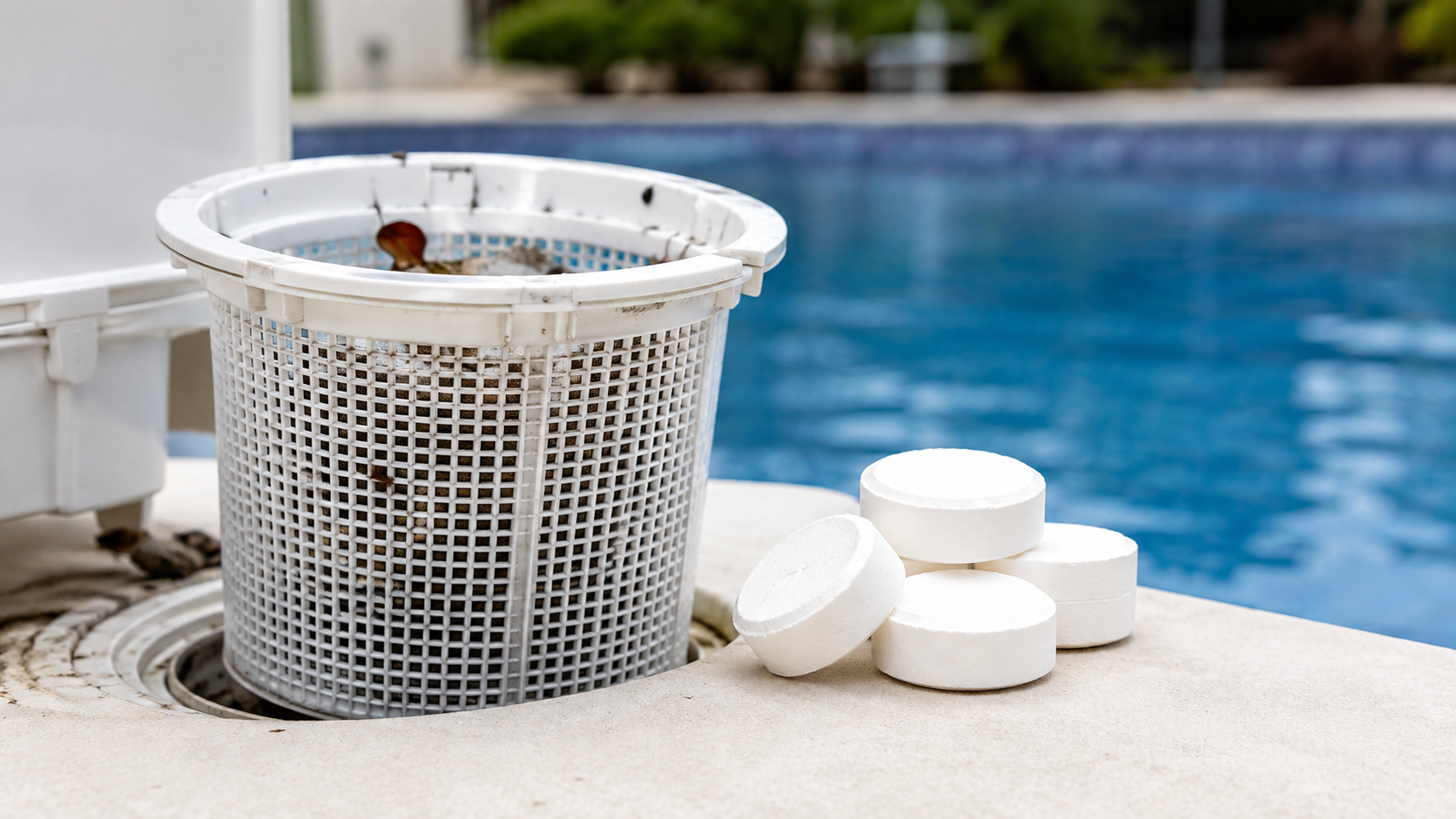 Pool skimmer basket with chlorine tablets nearby; tablets should not be placed in the skimmer