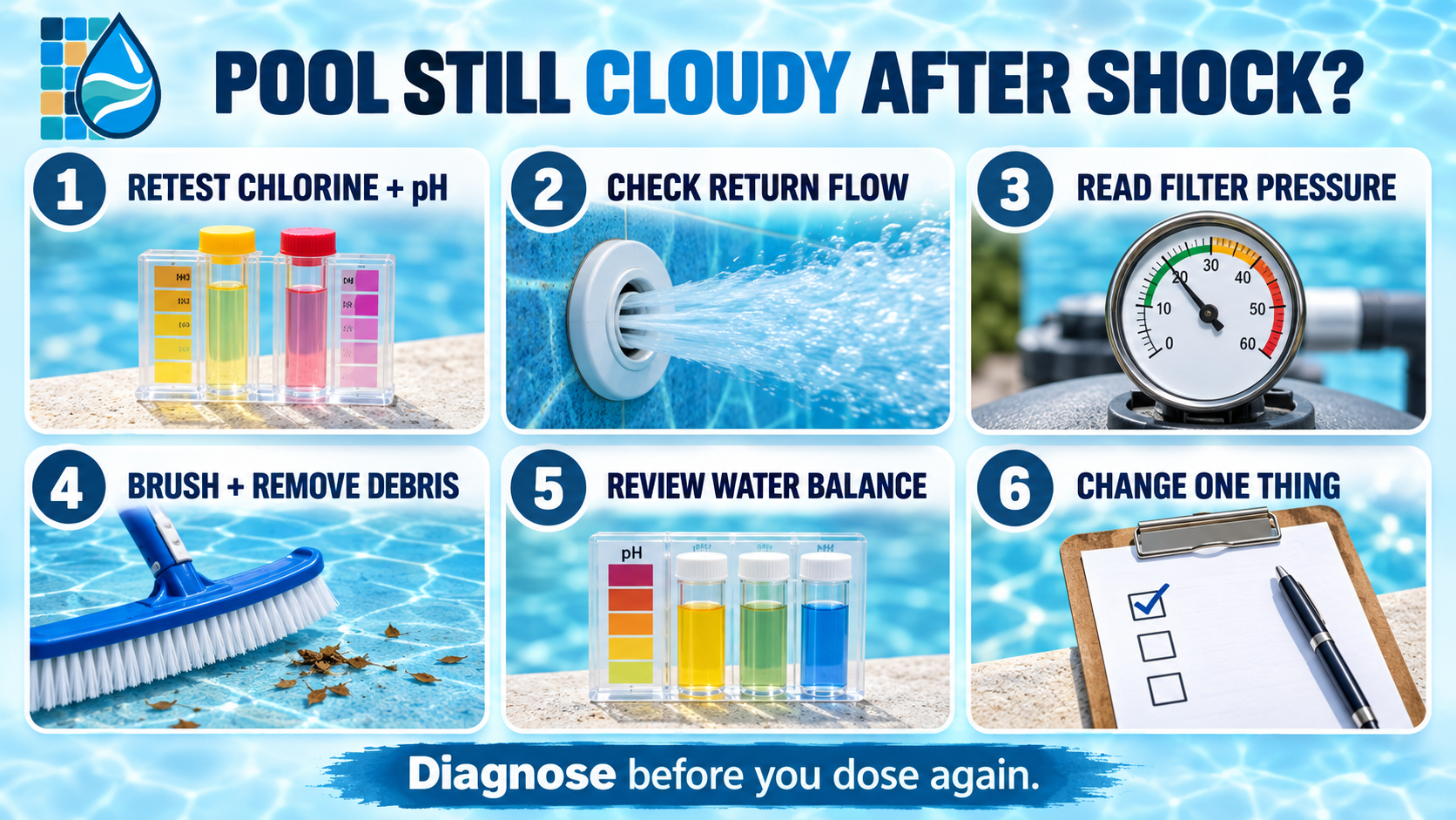 Six-step Swimming Pool Resource checklist for diagnosing a pool that is still cloudy after shocking.