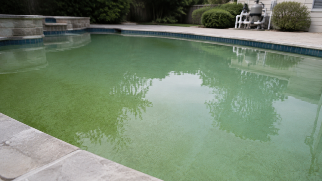 High cyanuric acid in a pool, illustrated by cloudy green residential water.