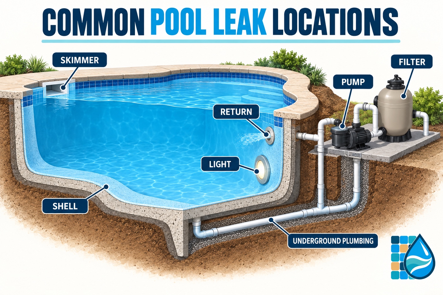 Common pool leak locations including the skimmer, returns, light, shell, pump, filter, and underground plumbing