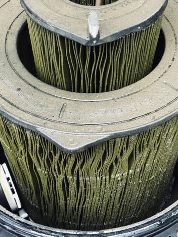Close-up of dirty pool filter cartridge pleats