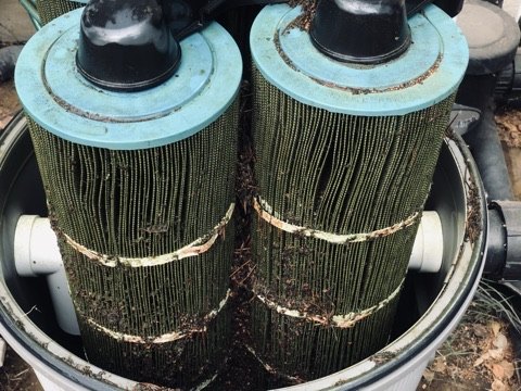 Dirty pool filter cartridges in an open filter housing