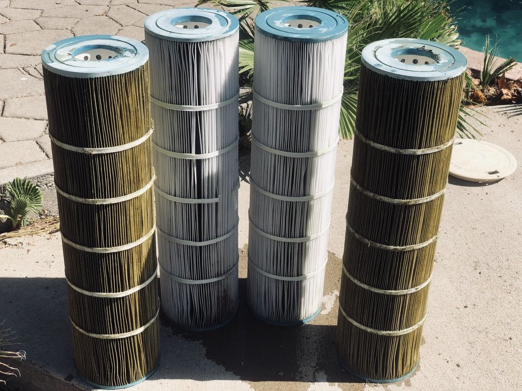 Clean and dirty cartridge pool filter elements shown side by side before and after rinsing
