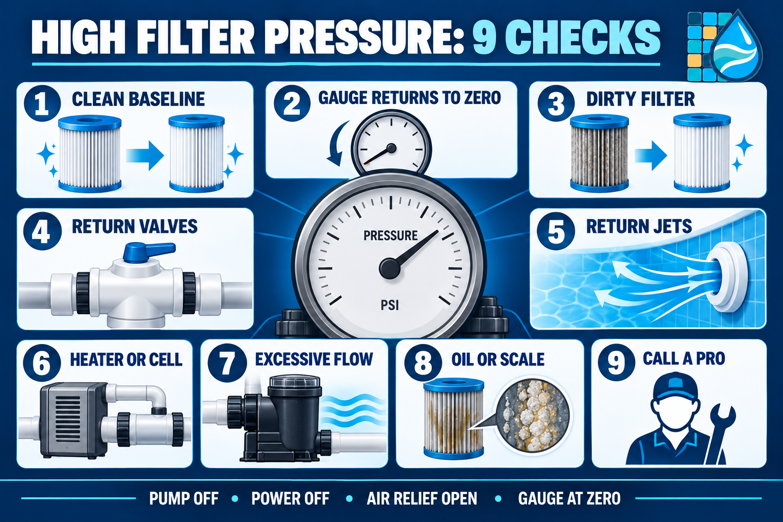 Nine checks for high pool-filter pressure: clean baseline, zeroing gauge, dirty filter, return valves and jets, heater or salt cell, excessive flow, oil or scale, and professional help.