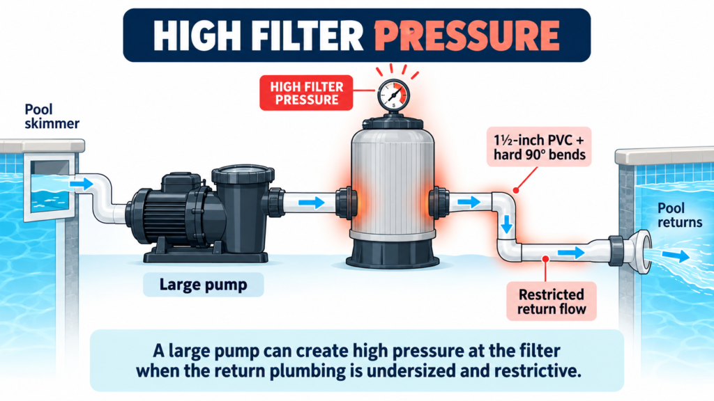 Diagram showing how an oversized pool pump and restrictive 1½-inch return plumbing can create high filter pressure