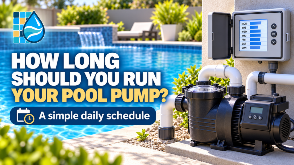 Swimming Pool Resource guide to how long a residential pool pump should run, with a variable-speed pump, schedule controller, and clear pool.