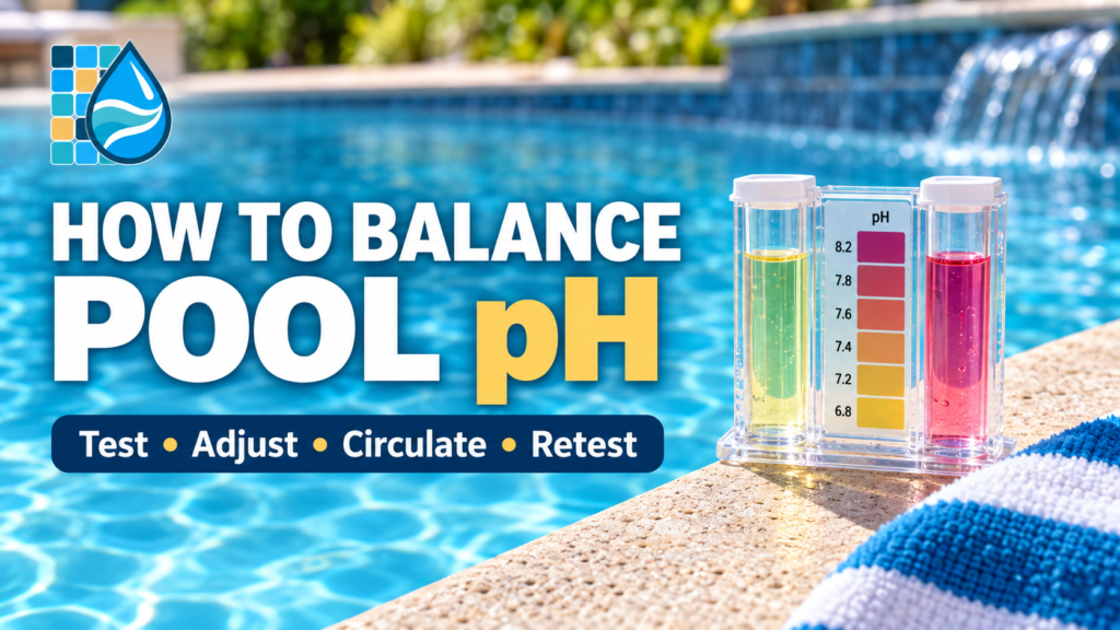 Pool pH test kit beside clear blue pool water with the title How to Balance Pool pH.