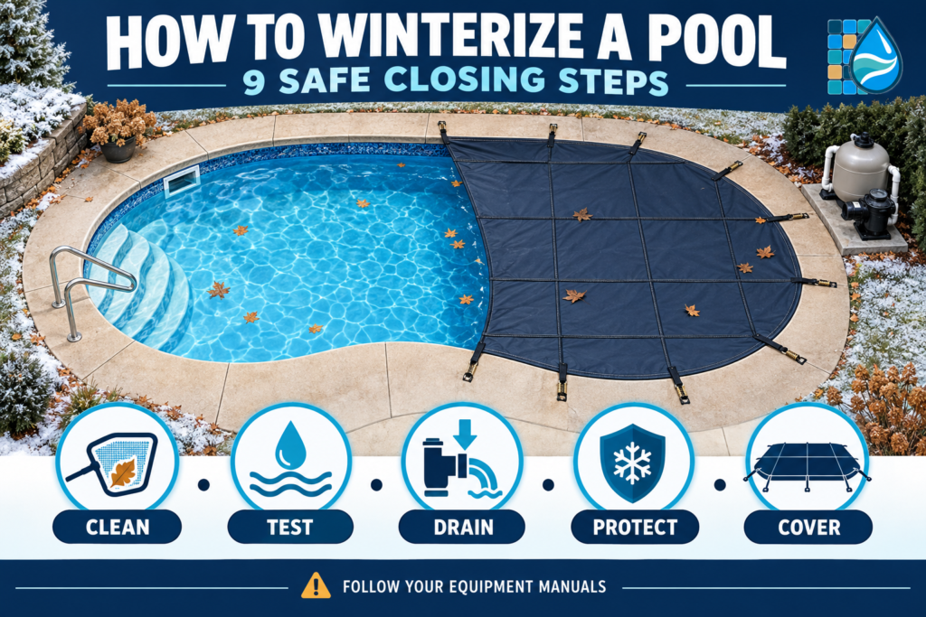 How to winterize a pool infographic with a partially installed safety cover and five closing priorities: clean, test, drain, protect, and cover.