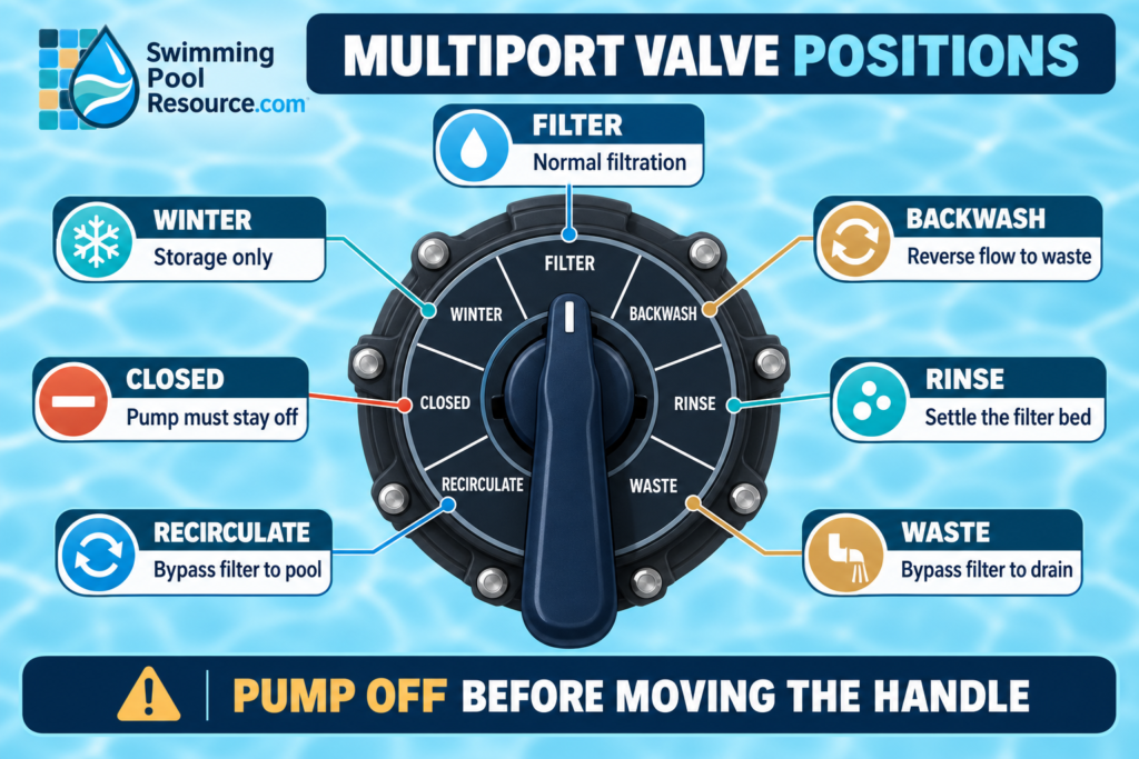 Pool multiport valve positions infographic showing Filter, Backwash, Rinse, Waste, Recirculate, Closed, and Winter, with a pump-off safety warning.