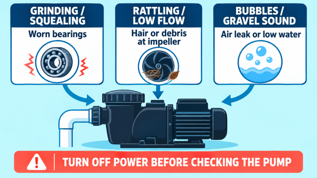 Pool pump noise troubleshooting diagram showing worn bearings, impeller debris, and air leaks.