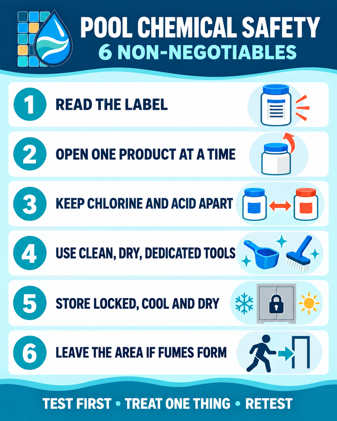 Pool chemical safety infographic listing six rules for labels, separation, dry tools, locked storage, and fumes