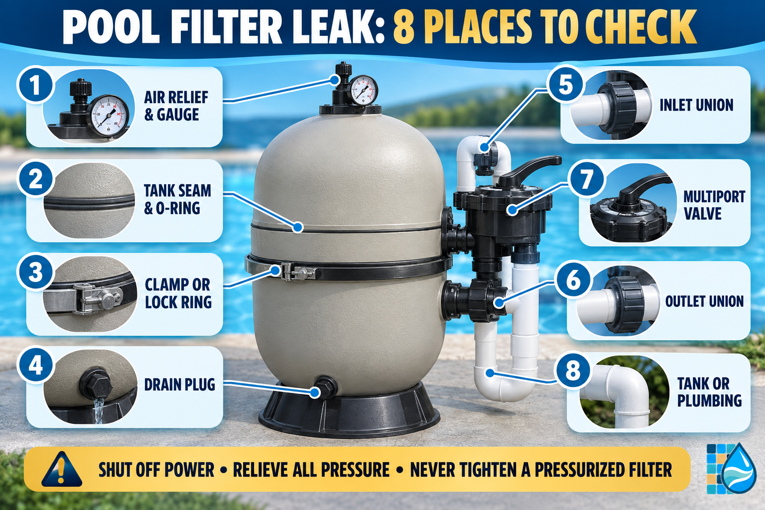 Pool filter leaking water infographic identifying eight places to check: air relief and gauge, tank seam, clamp, drain, unions, valve, tank, and plumbing