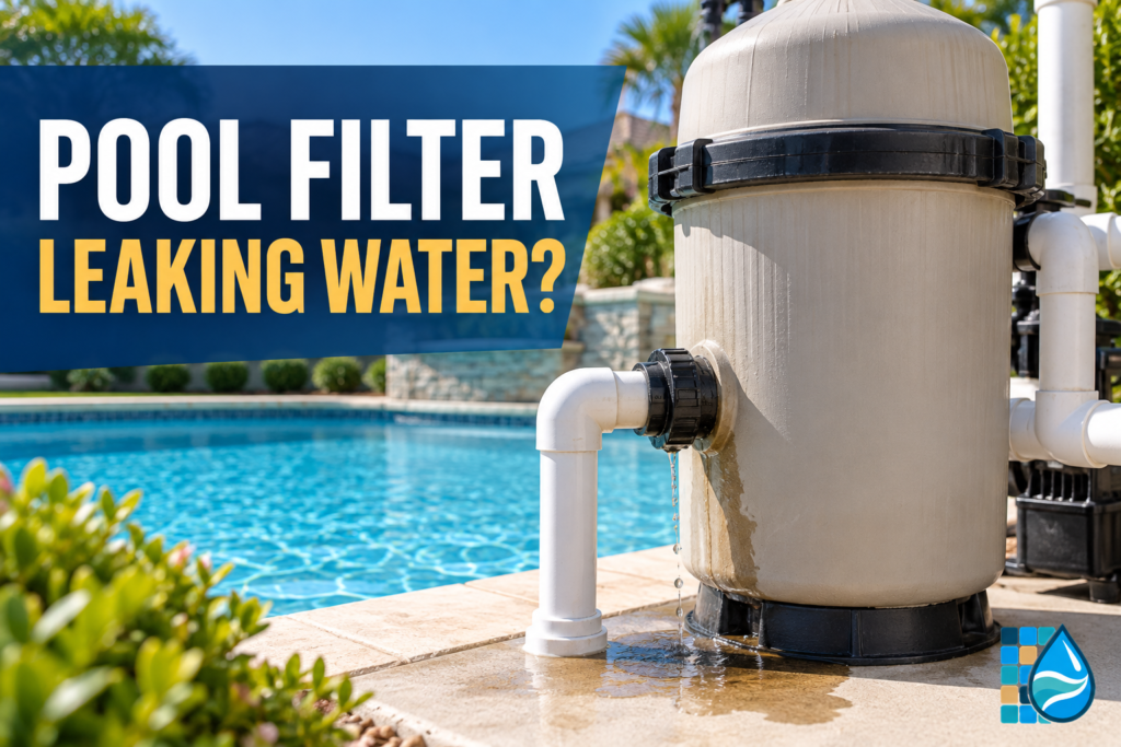 Pool filter leaking water article graphic showing a minor union leak on a residential pool filter.