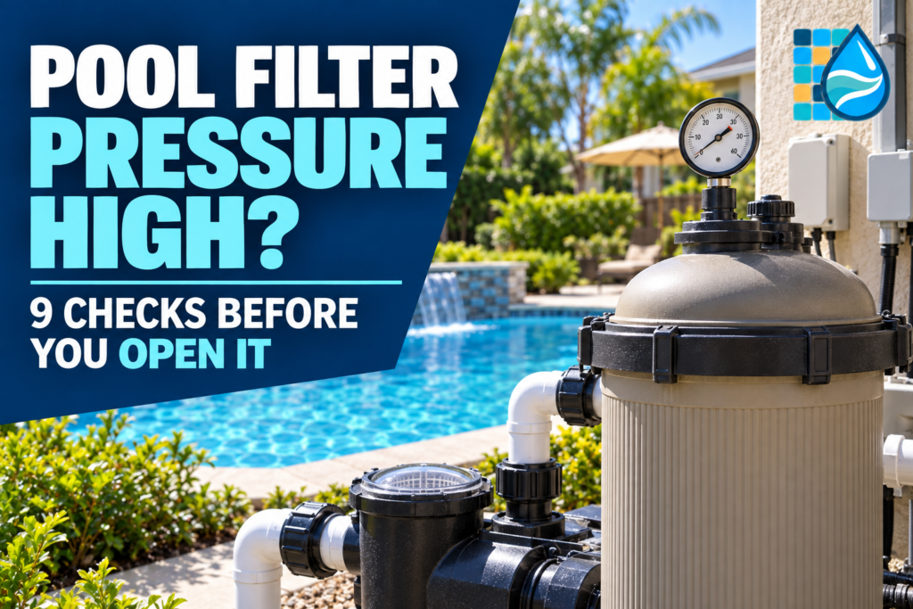Pool filter pressure high article graphic showing a cartridge filter, pool pump, pressure gauge, and nine checks before opening the filter.