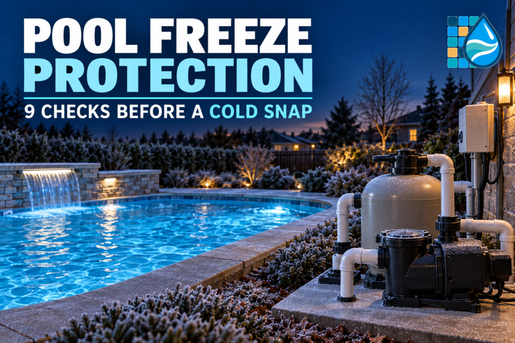 Pool freeze protection article graphic showing an operating residential pool and equipment pad during a frosty cold snap.