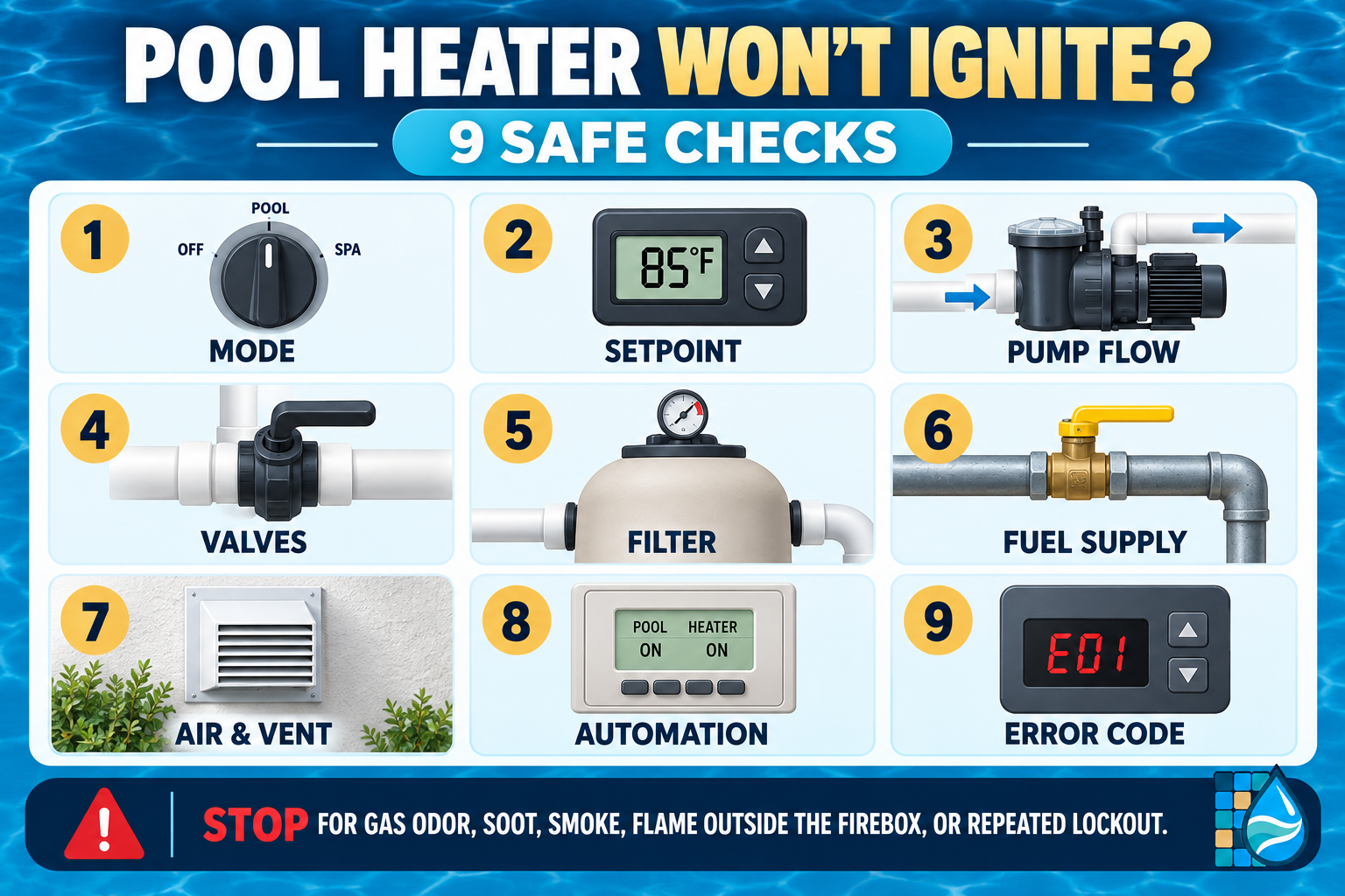 Pool heater won't ignite infographic showing nine safe checks for mode, setpoint, flow, valves, filter, fuel, vent, automation, and error code