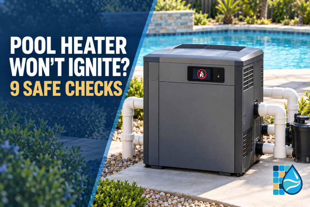 Pool heater won't ignite featured image with a closed residential gas heater beside a swimming pool