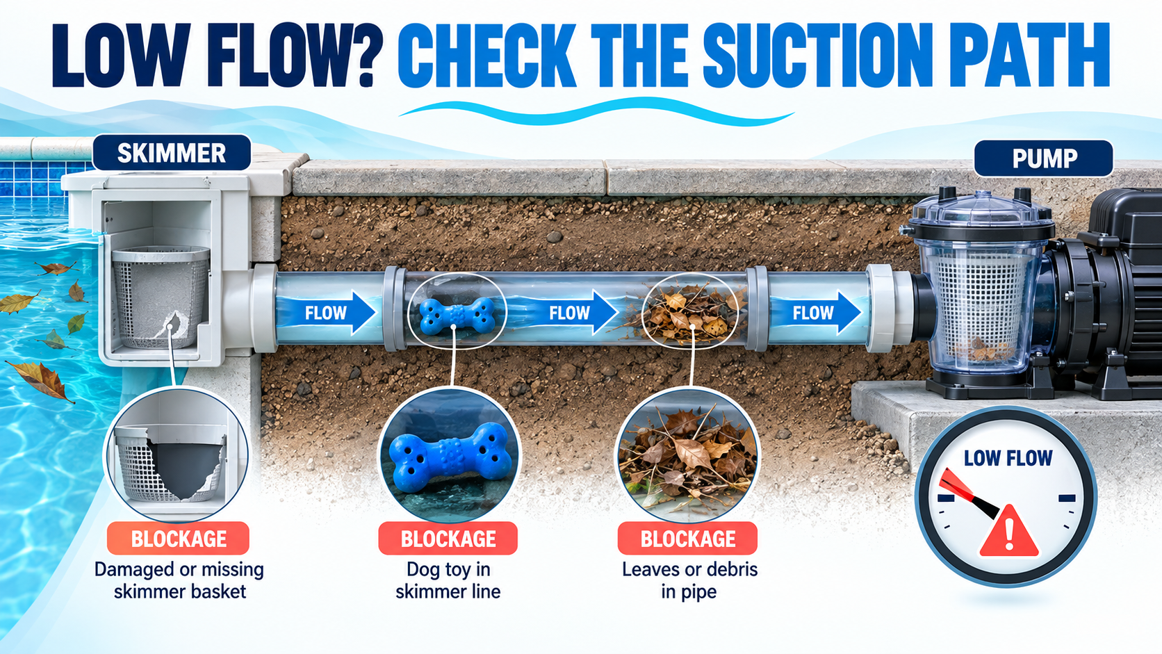 Pool low-flow diagram showing skimmer line blockage points between the skimmer and pump