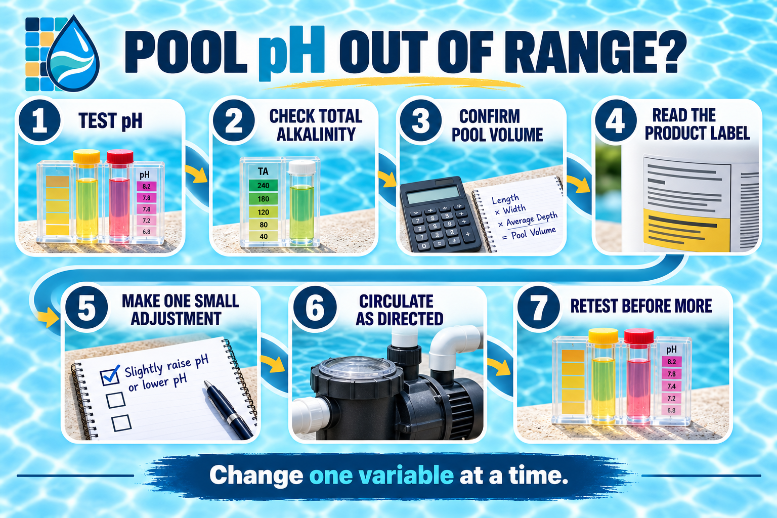 How to balance pH in pool water: test pH, check alkalinity, confirm volume, read the label, make one adjustment, circulate, and retest