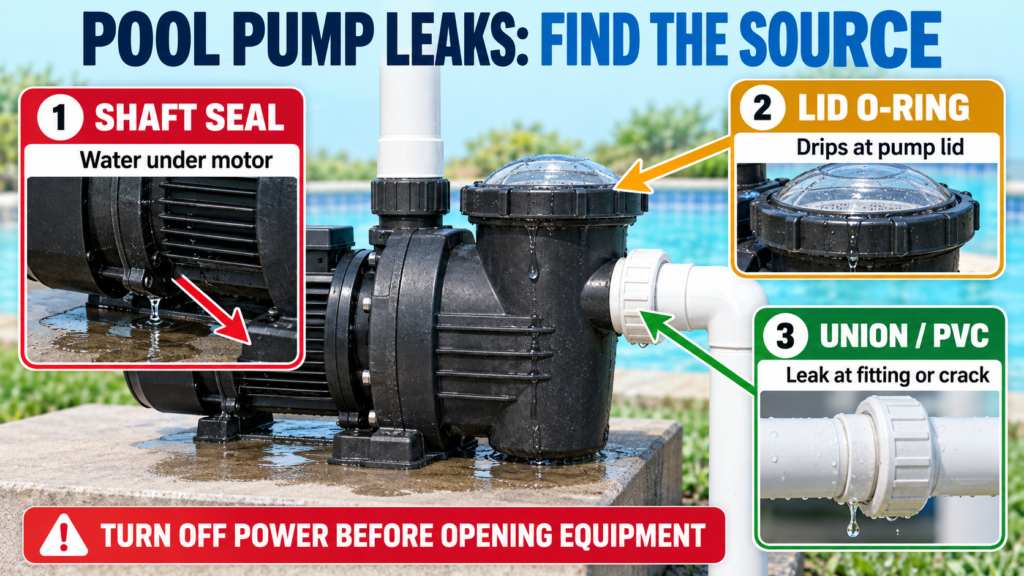Pool pump leak troubleshooting diagram showing shaft seal, lid O-ring, and union or PVC leak locations