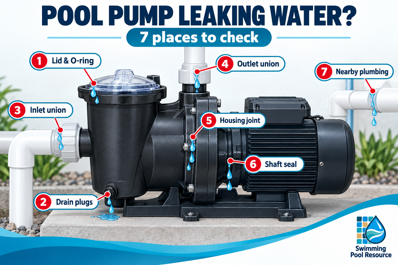 Pool pump leaking water infographic identifying seven places to check including the lid, drain plugs, unions, housing joint, shaft seal, and nearby plumbing