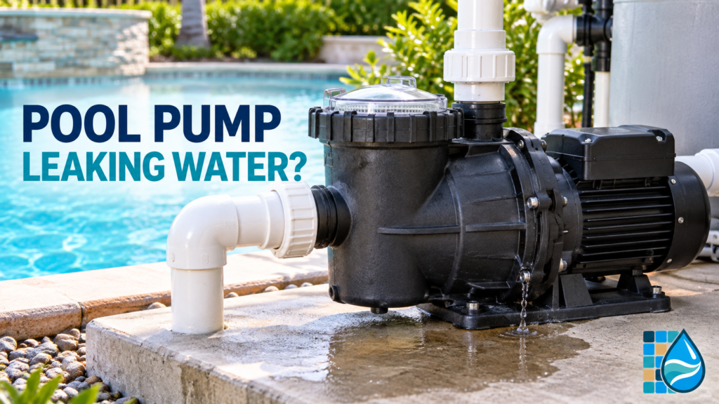 Pool pump leaking water onto a residential equipment pad near the motor-facing side of the housing