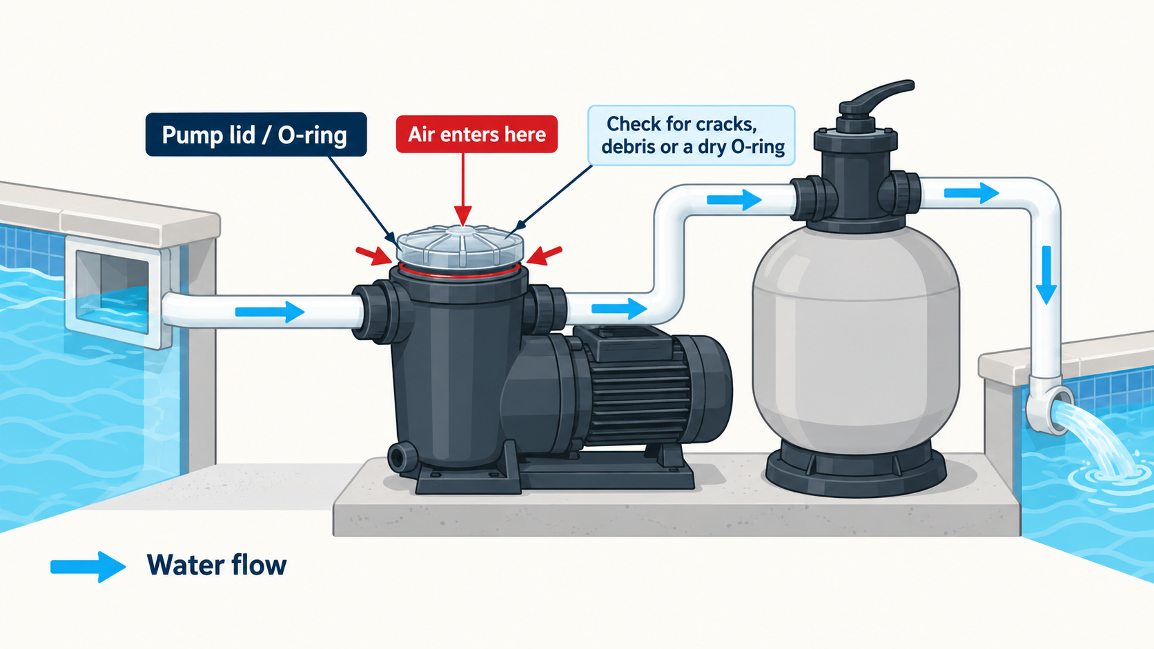 Diagram showing air entering through a pool pump lid or O-ring