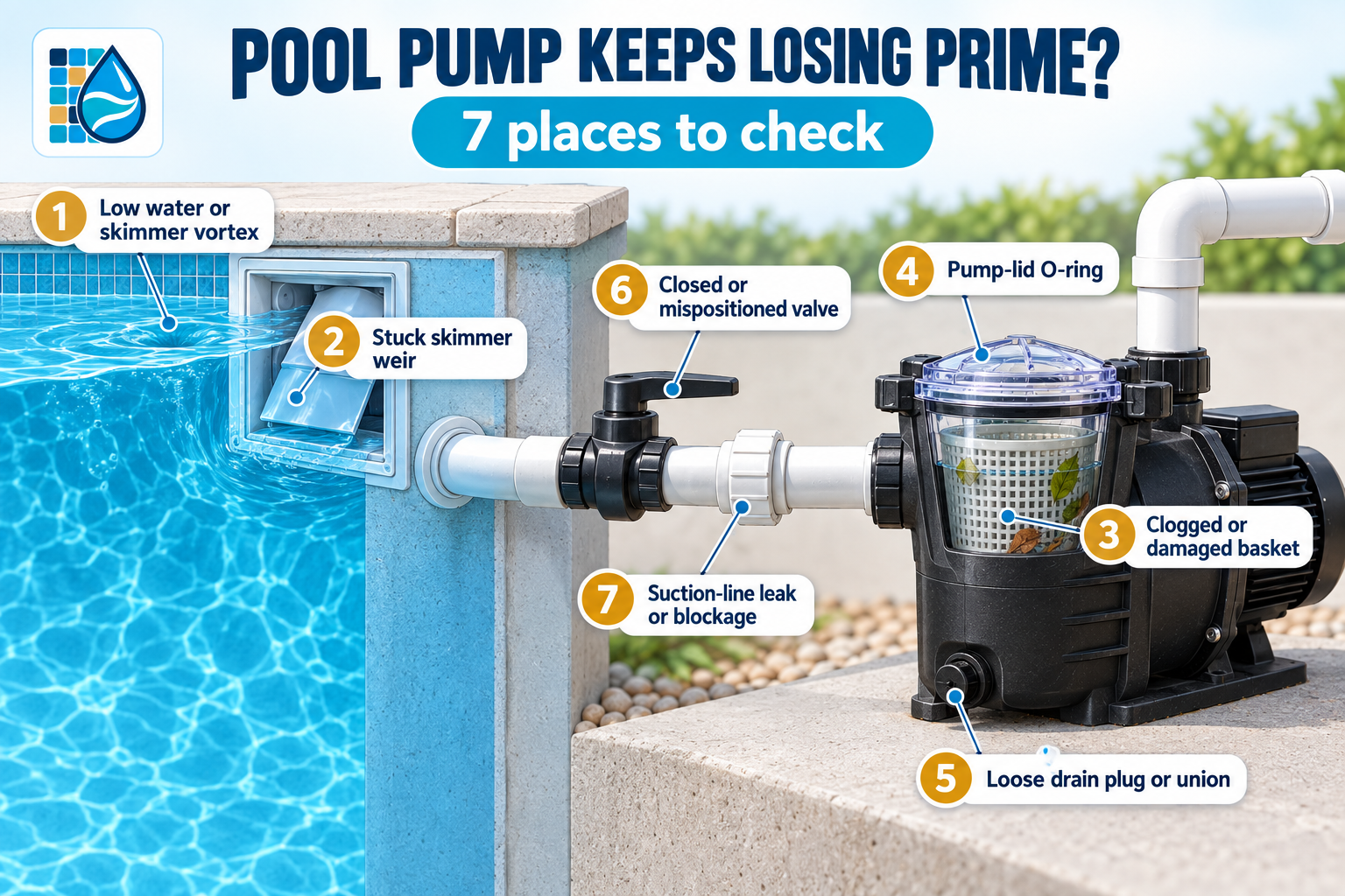 Pool pump keeps losing prime infographic showing seven places to check from the skimmer to the pump