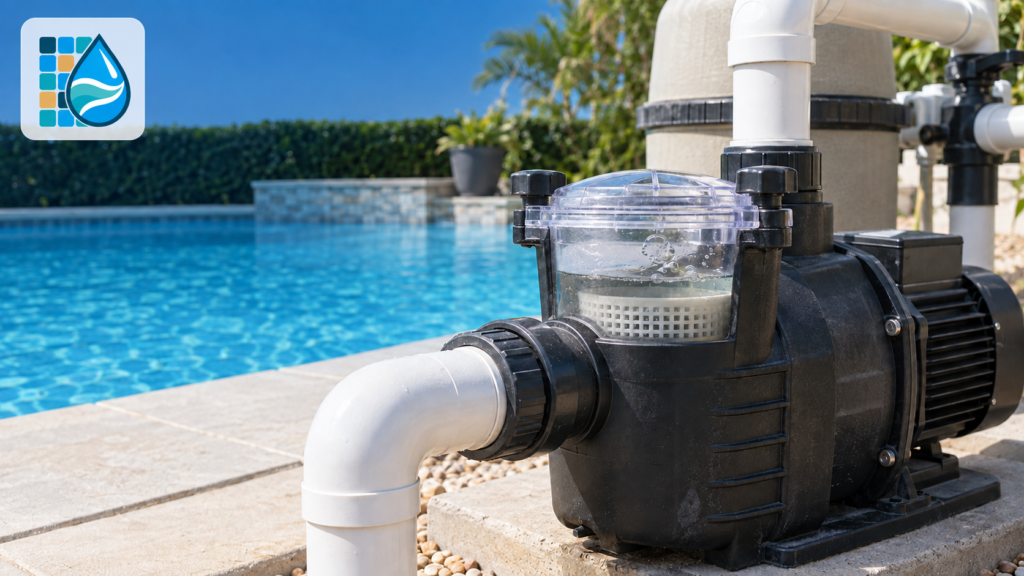 Pool pump losing prime with air visible beneath the clear strainer lid beside a residential swimming pool