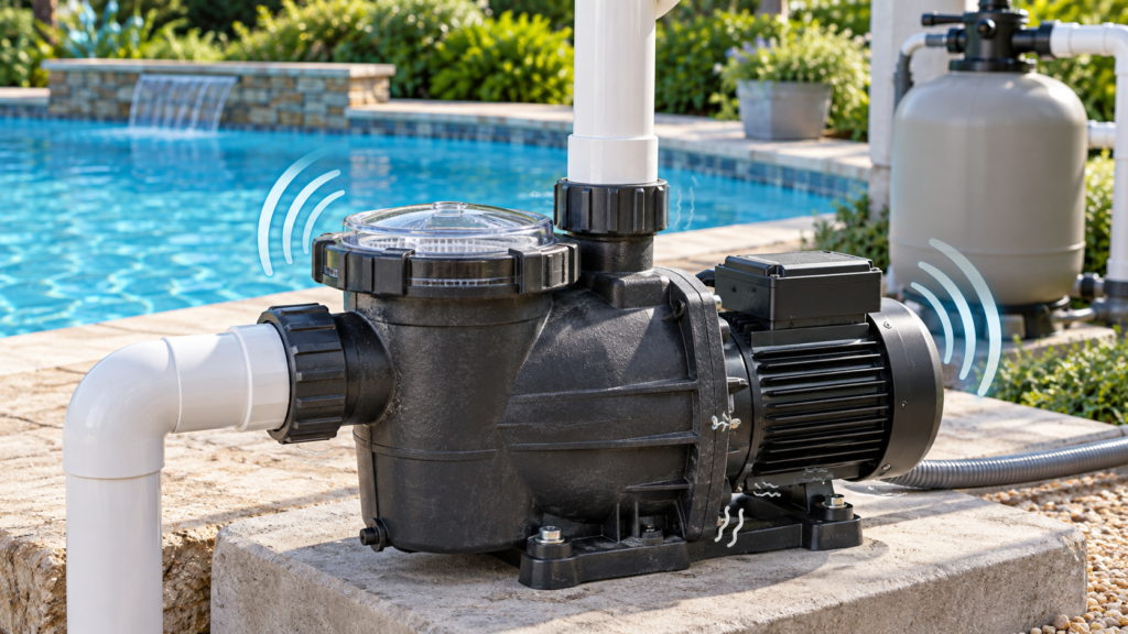 Noisy swimming pool pump with sound waves showing where to listen for common problems