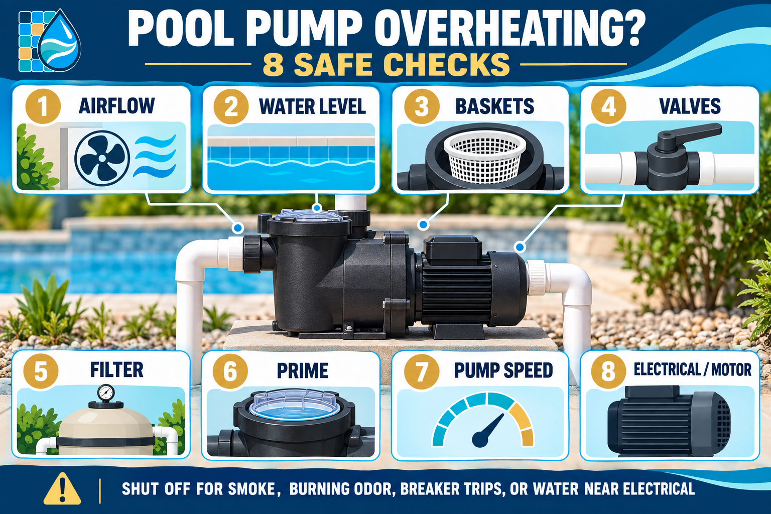 Pool pump overheating infographic showing eight safe checks: airflow, water level, baskets, valves, filter, prime, pump speed, and electrical or motor clues