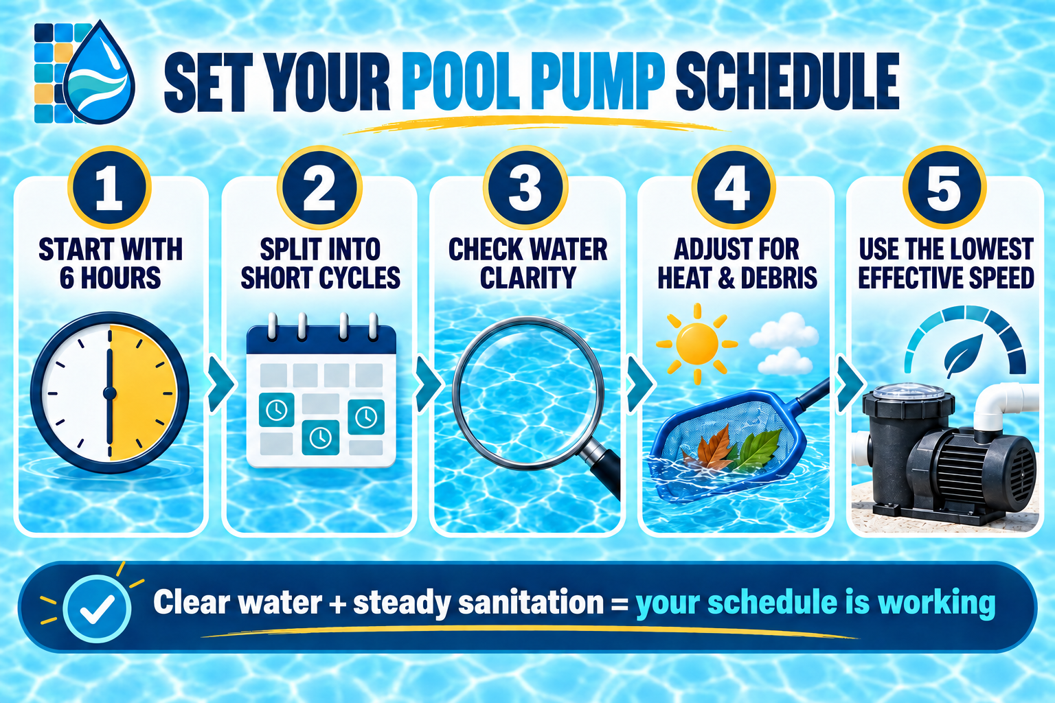 How long to run a pool pump: five-step Swimming Pool Resource guide to setting a daily schedule: start with six hours, split cycles, check clarity, adjust for heat and debris, and use the lowest effective speed.