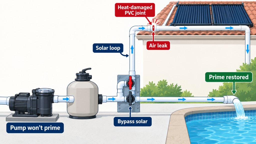 Diagram showing a rooftop solar PVC air leak that prevents a pool pump from priming and a solar bypass that restores prime