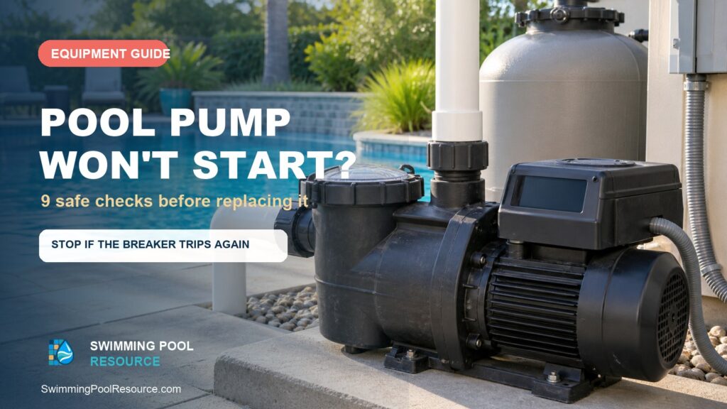 Pool pump that will not start beside a residential swimming pool with a dark control display