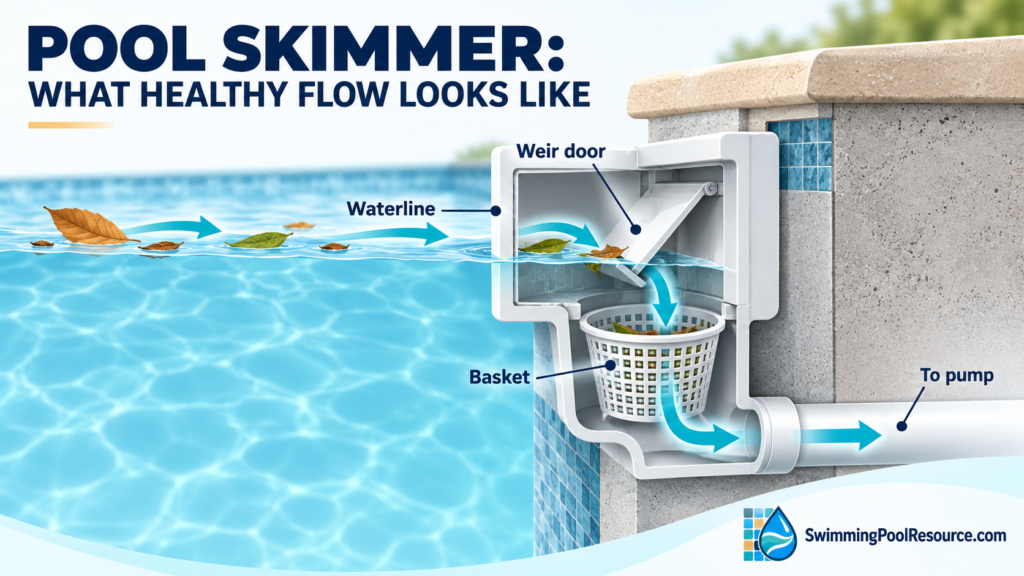Pool skimmer healthy flow diagram showing the waterline, weir door, basket, and suction line to the pump
