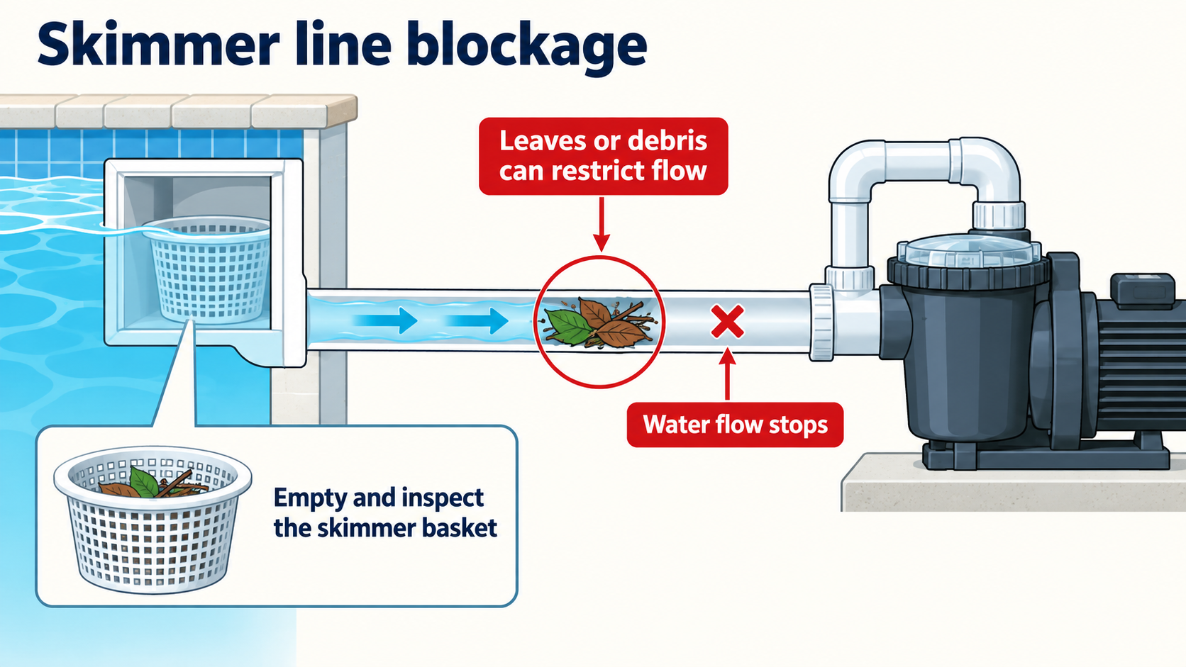 Diagram showing a skimmer-line blockage limiting water flow to a pool pump