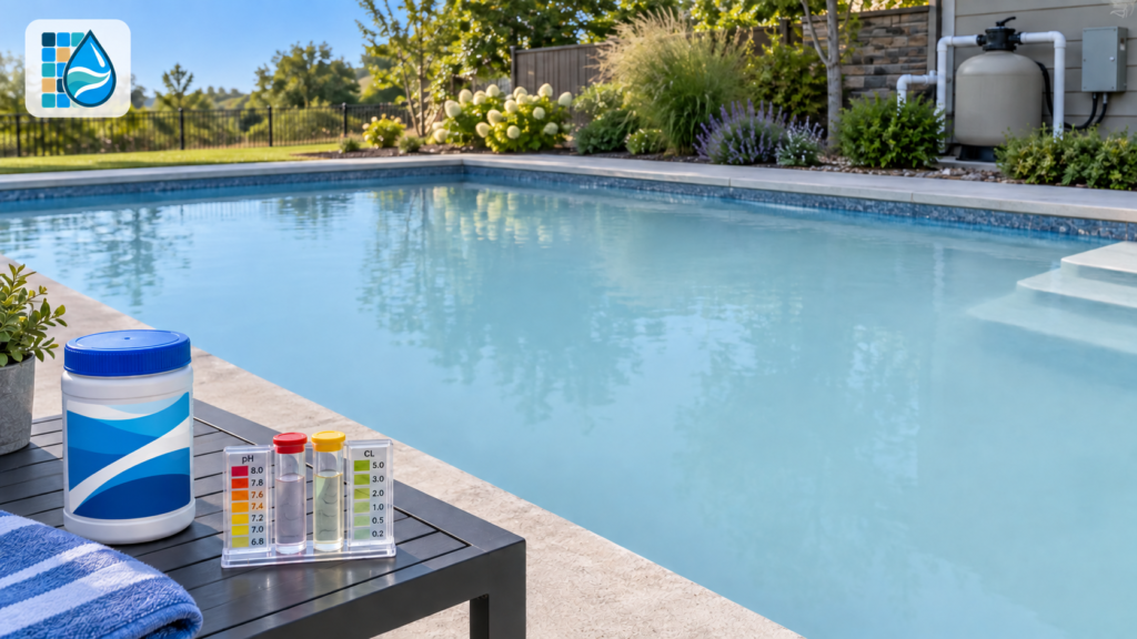 Pool still cloudy after shock, shown with milky-blue water, a test kit, and residential pool equipment.