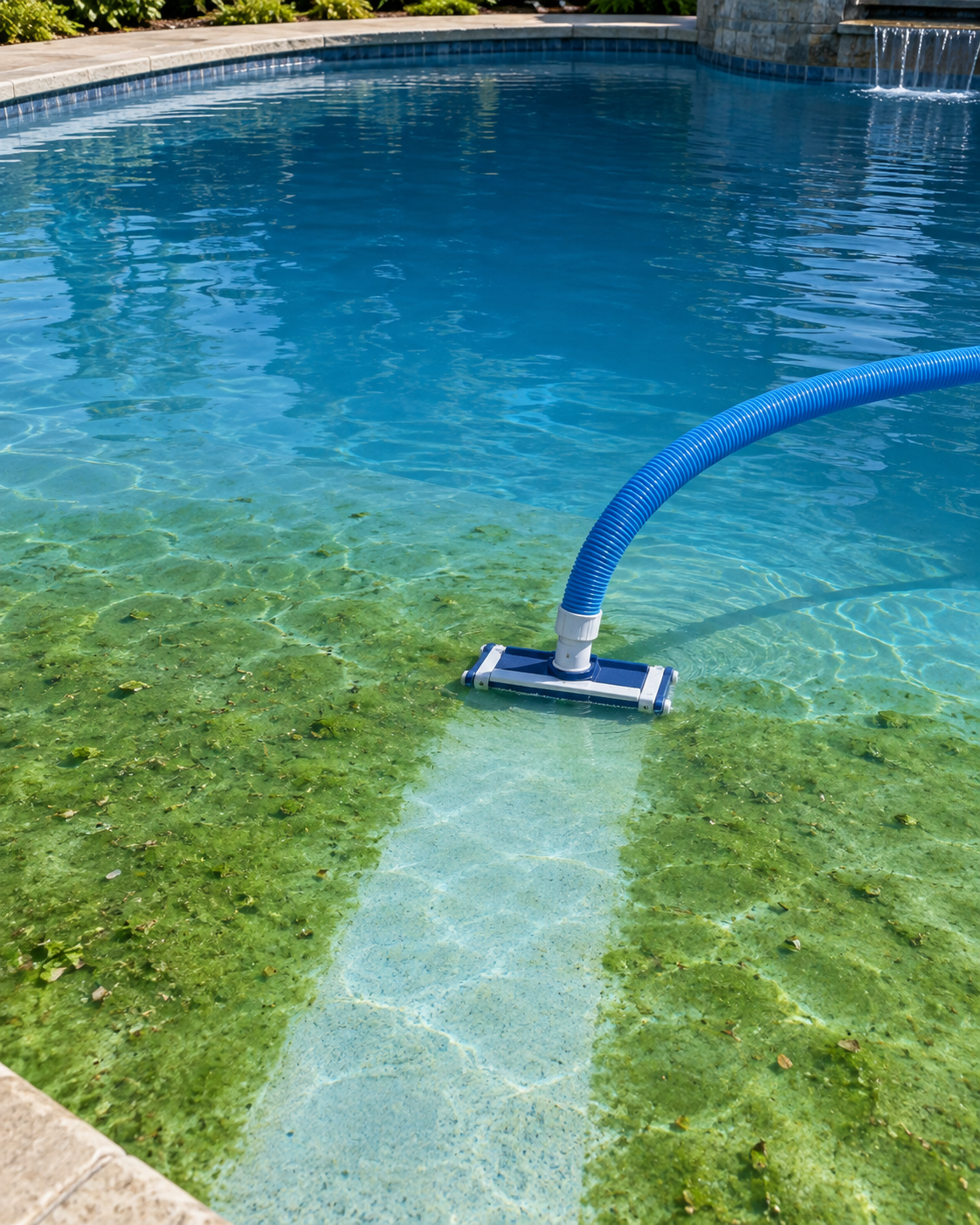 Pool vacuum clearing a path through settled green algae