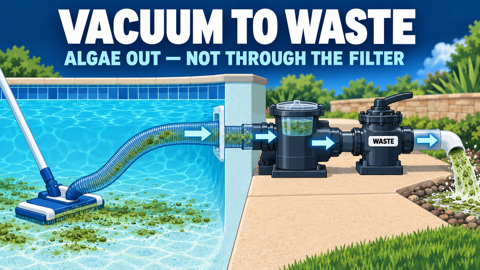 Diagram of vacuuming a pool to waste with debris flowing left to right to the waste outlet
