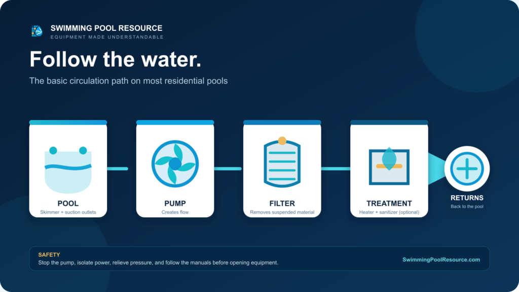 Pool equipment glossary diagram showing water moving from the pool through the pump, filter, optional treatment equipment, and return jets.