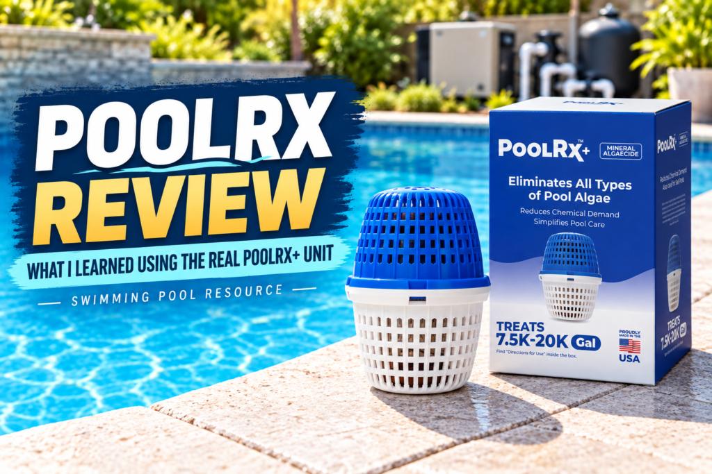 PoolRx Review hero featuring the genuine PoolRx Plus Blue and White mineral algaecide package and unit