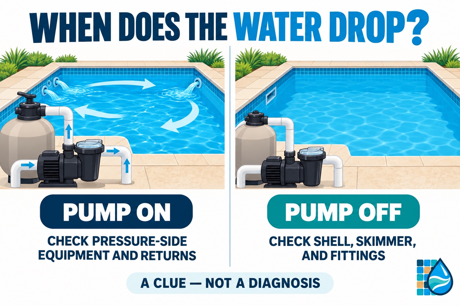 Pool leak clues when water loss changes with the pump on or off
