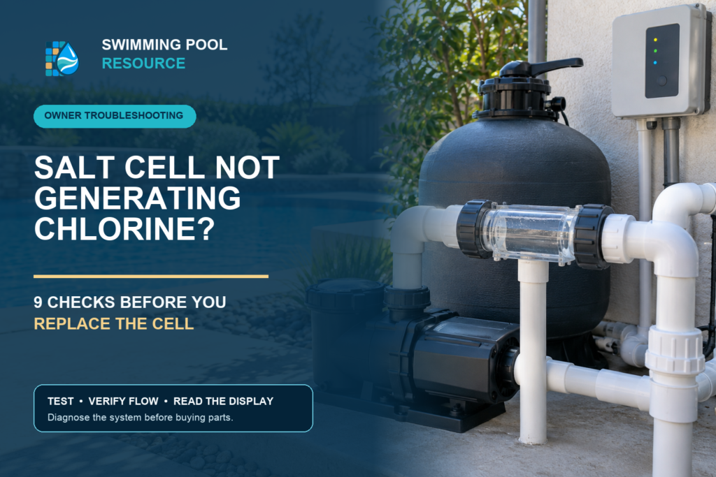 Salt cell and pool equipment beside a backyard pool with a troubleshooting headline